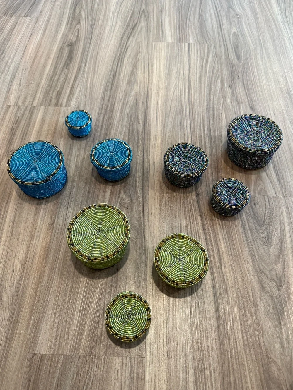 Handwoven Beaded Round Storage Boxes Set - Blue, Green & Multicolor